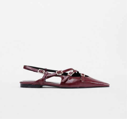 POINTED TOE THREE STRAPS CLARET PATENT Flat BALLERINAS