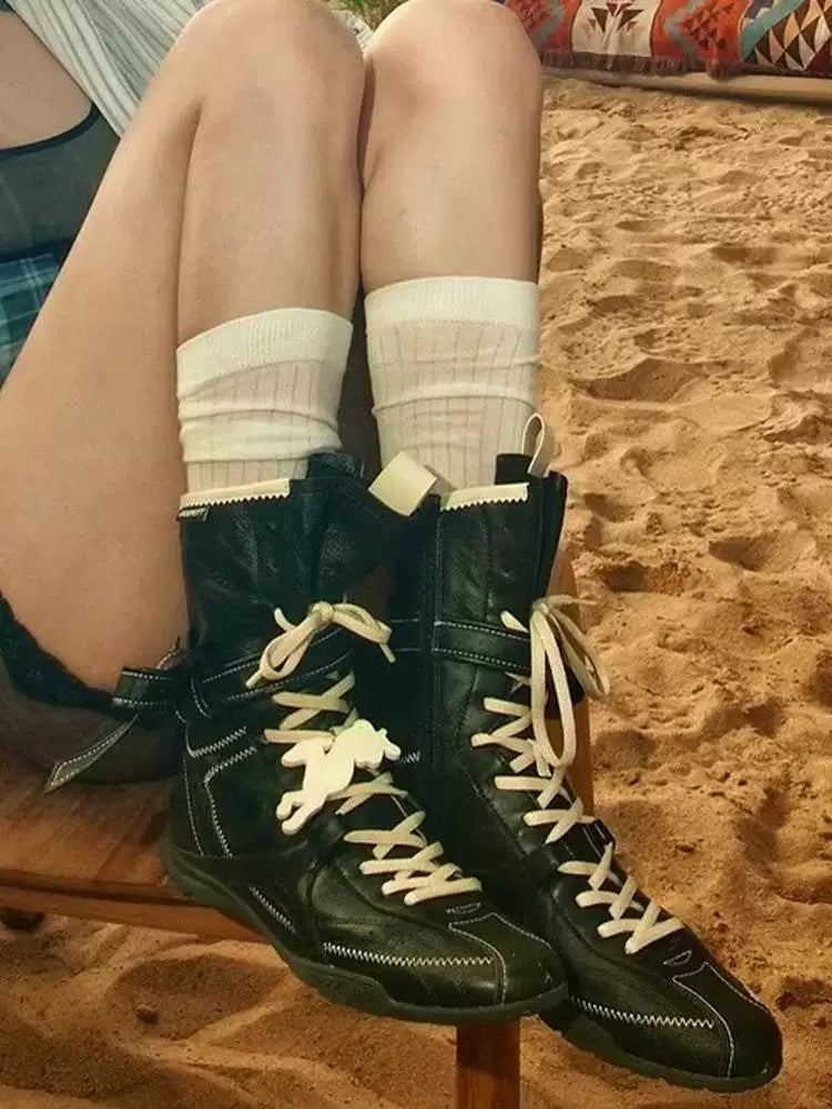 High-Top Lace-Up Sneaker Boots with Ankle Strap