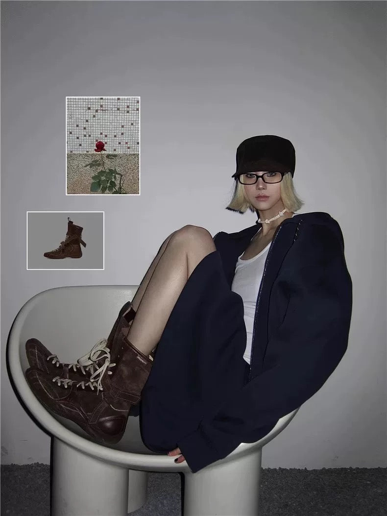 High-Top Lace-Up Sneaker Boots with Ankle Strap