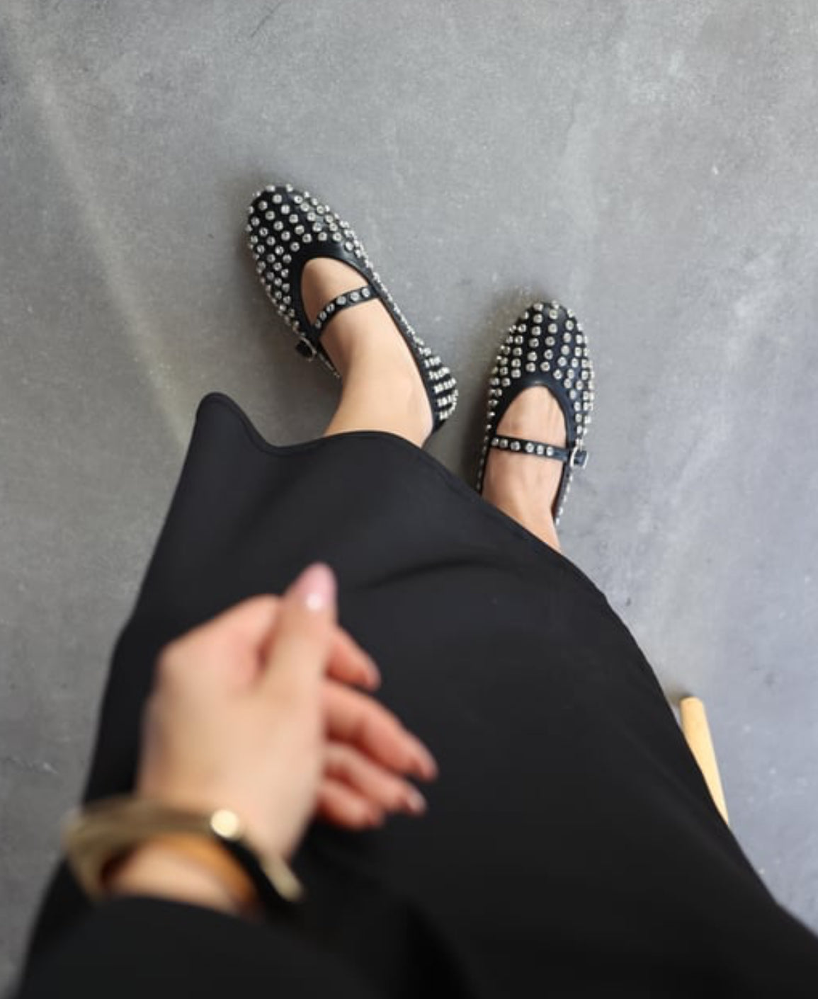 STUD BALLERINA STRAP FLAT |BLACK /white/ denim