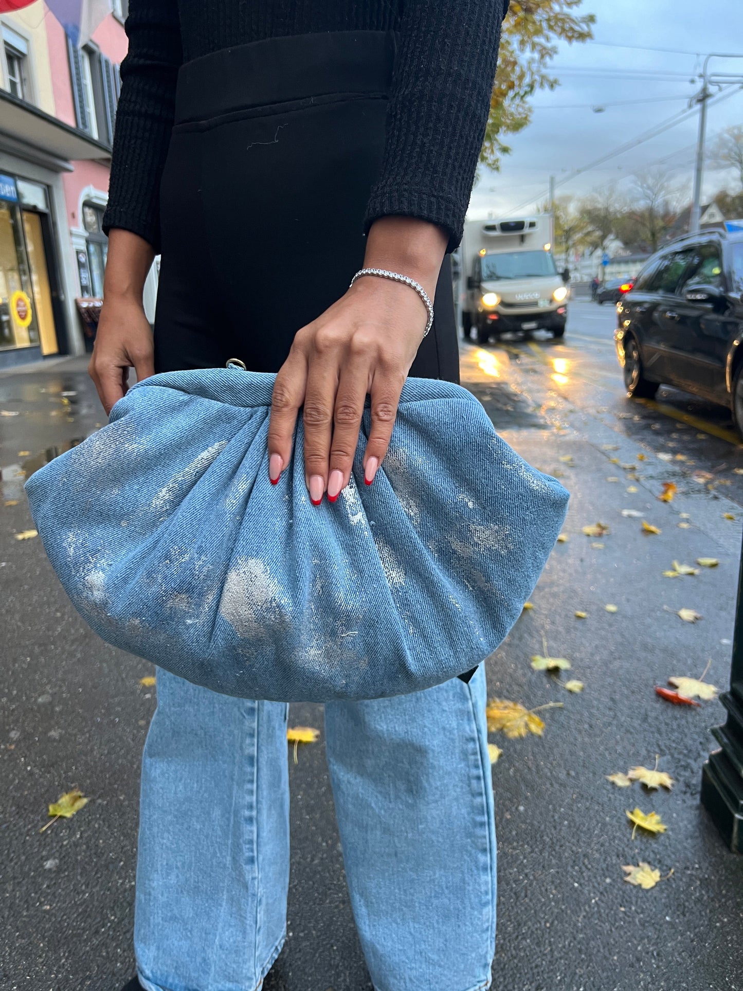 Oversized Denim Strap Clutch Bag