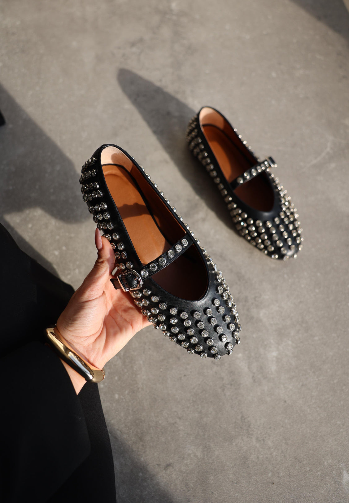 STUD BALLERINA STRAP FLAT |BLACK /white/ denim