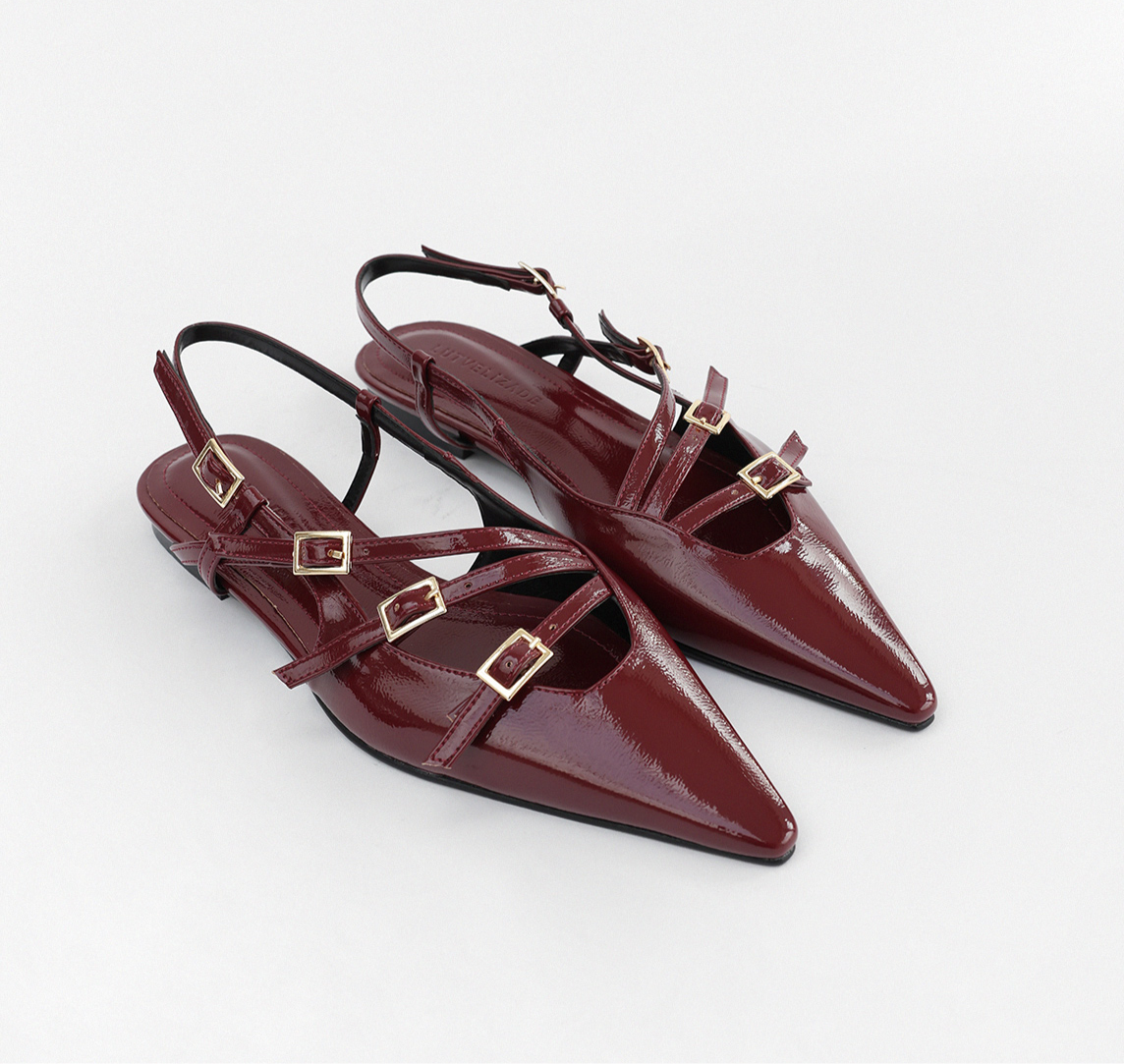 POINTED TOE THREE STRAPS CLARET  PATENT Flat  BALLERINAS