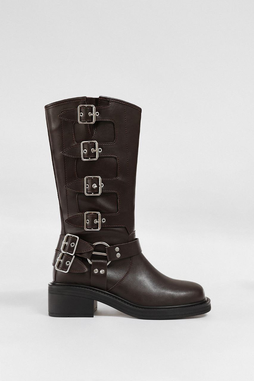 MULTI-BUCKLED BIKER BLACK WOMEN'S BOOTS