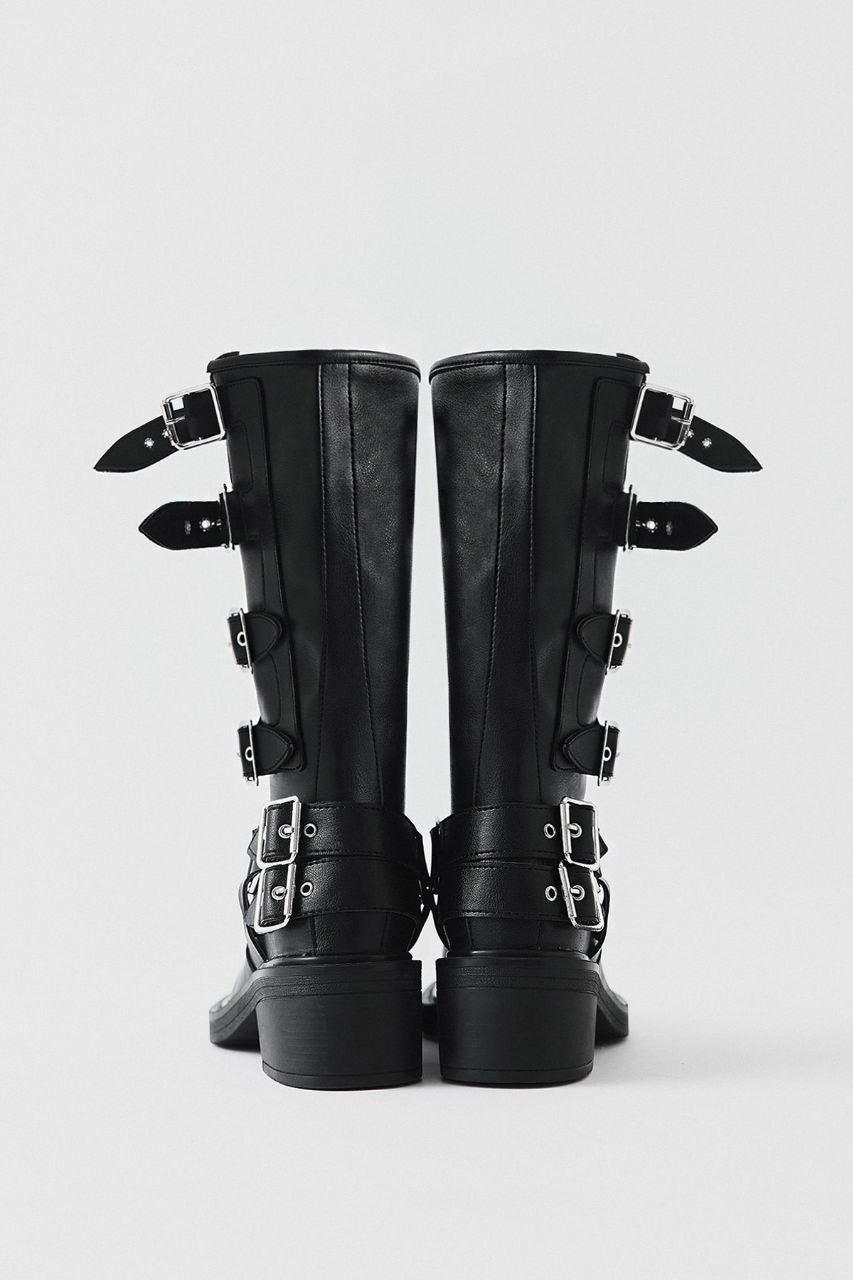 MULTI-BUCKLED BIKER BLACK WOMEN'S BOOTS