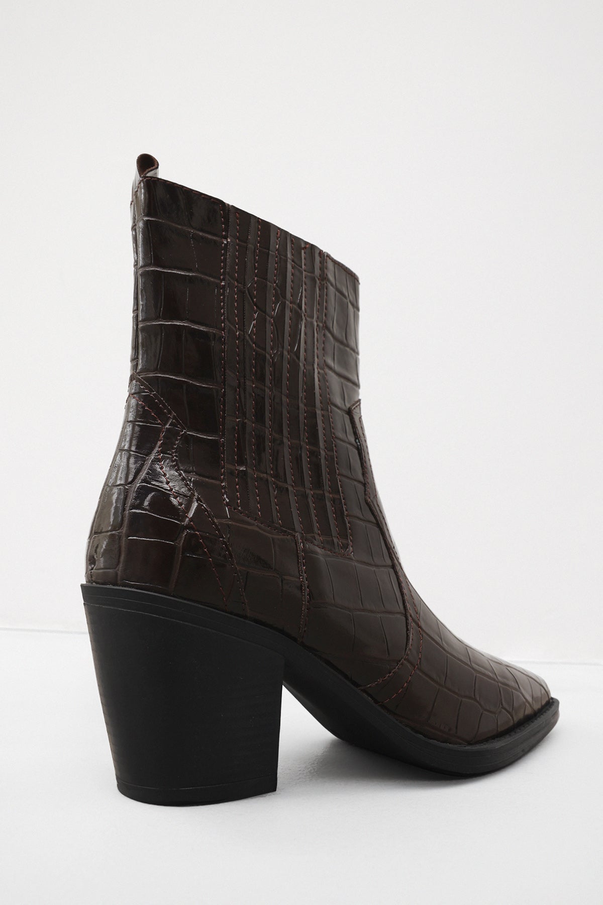 BLUNT TOE ELASTIC ANKLE BITTER BROWN CROC WOMEN'S BOOTS