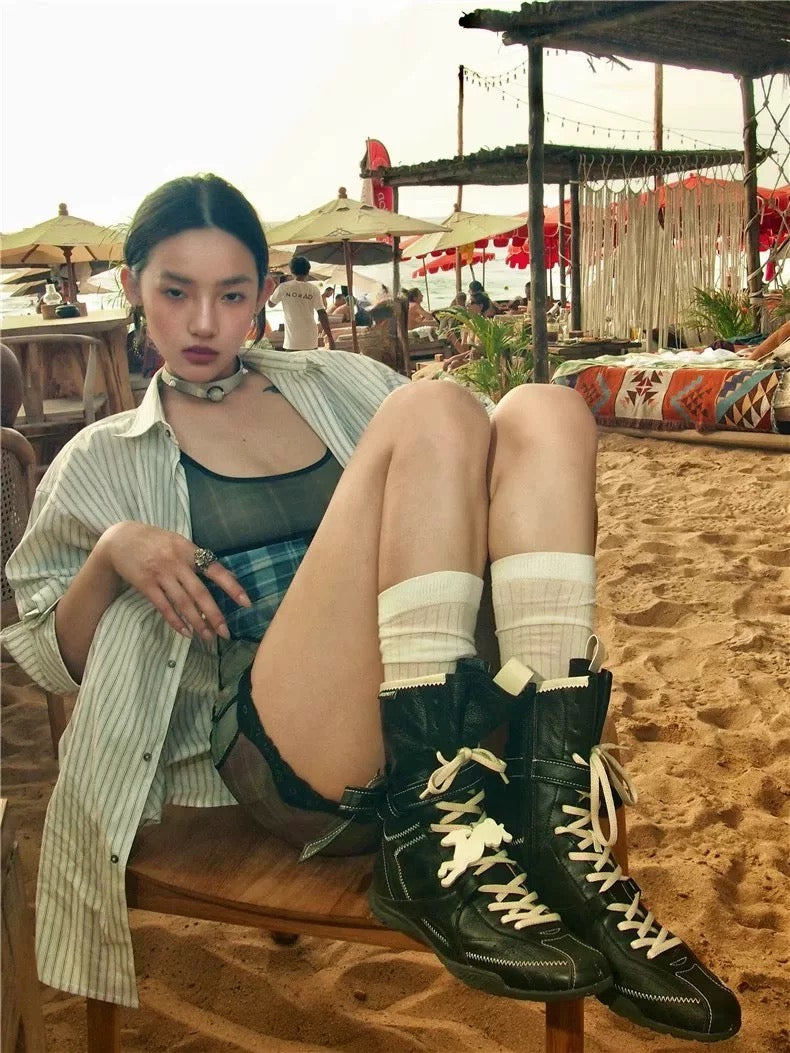 High-Top Lace-Up Sneaker Boots with Ankle Strap