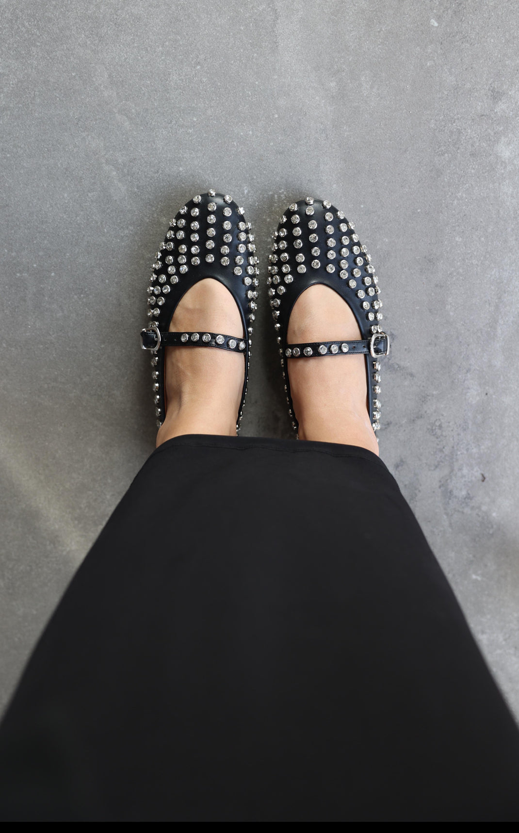 STUD BALLERINA STRAP FLAT |BLACK /white/ denim