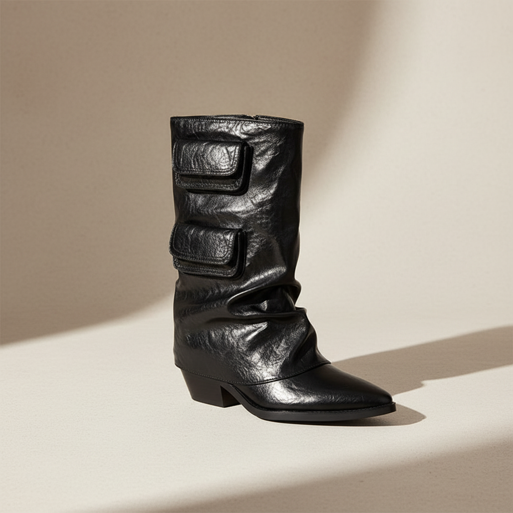 Vintage Leather Cowboy Boots with Buckle Detail