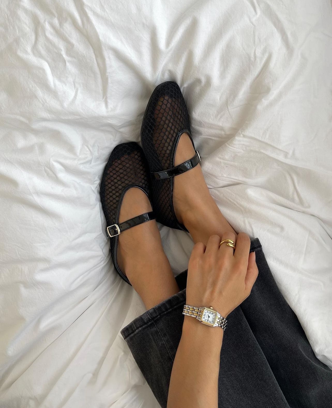 Mia Black Mesh/Patent Flats