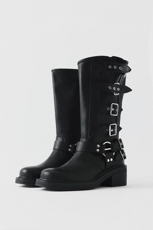 MULTI-BUCKLED BIKER BLACK WOMEN'S BOOTS