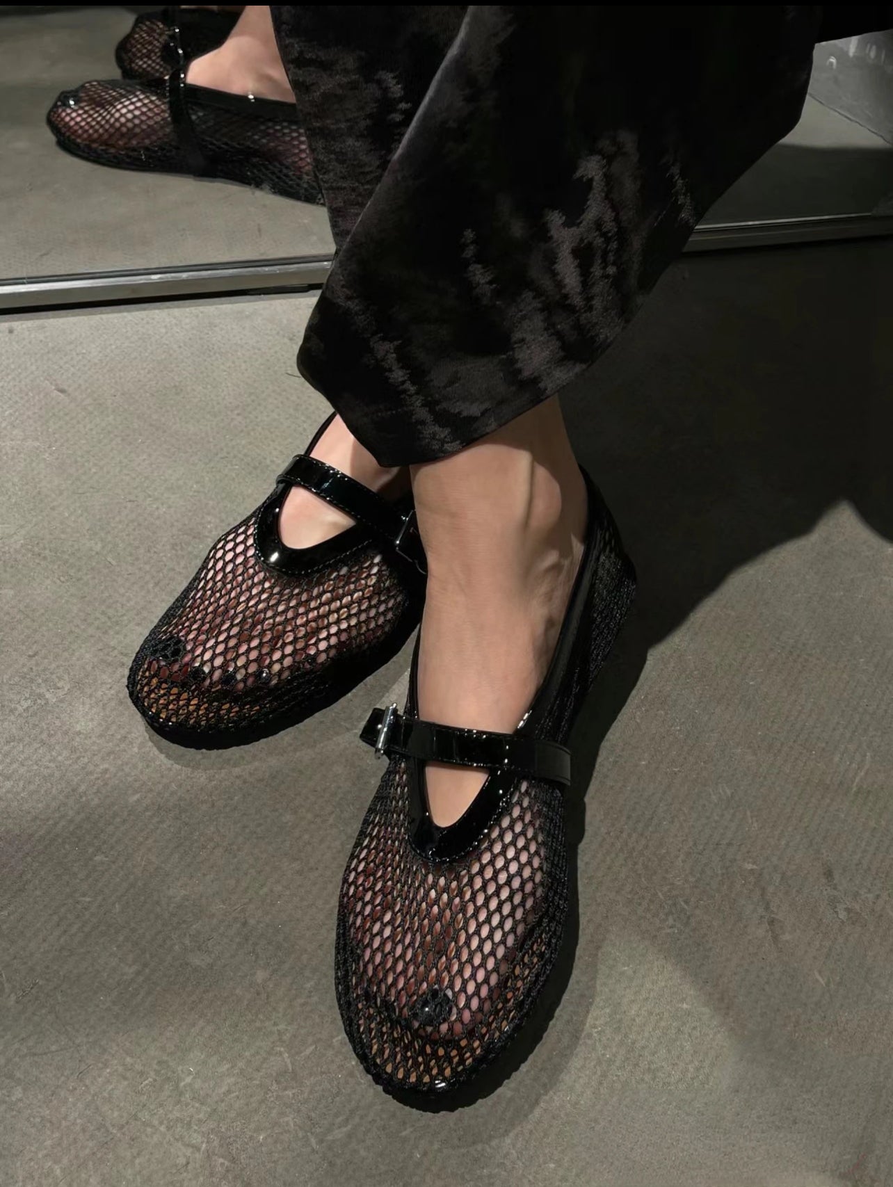 Mia Black Mesh/Patent Flats